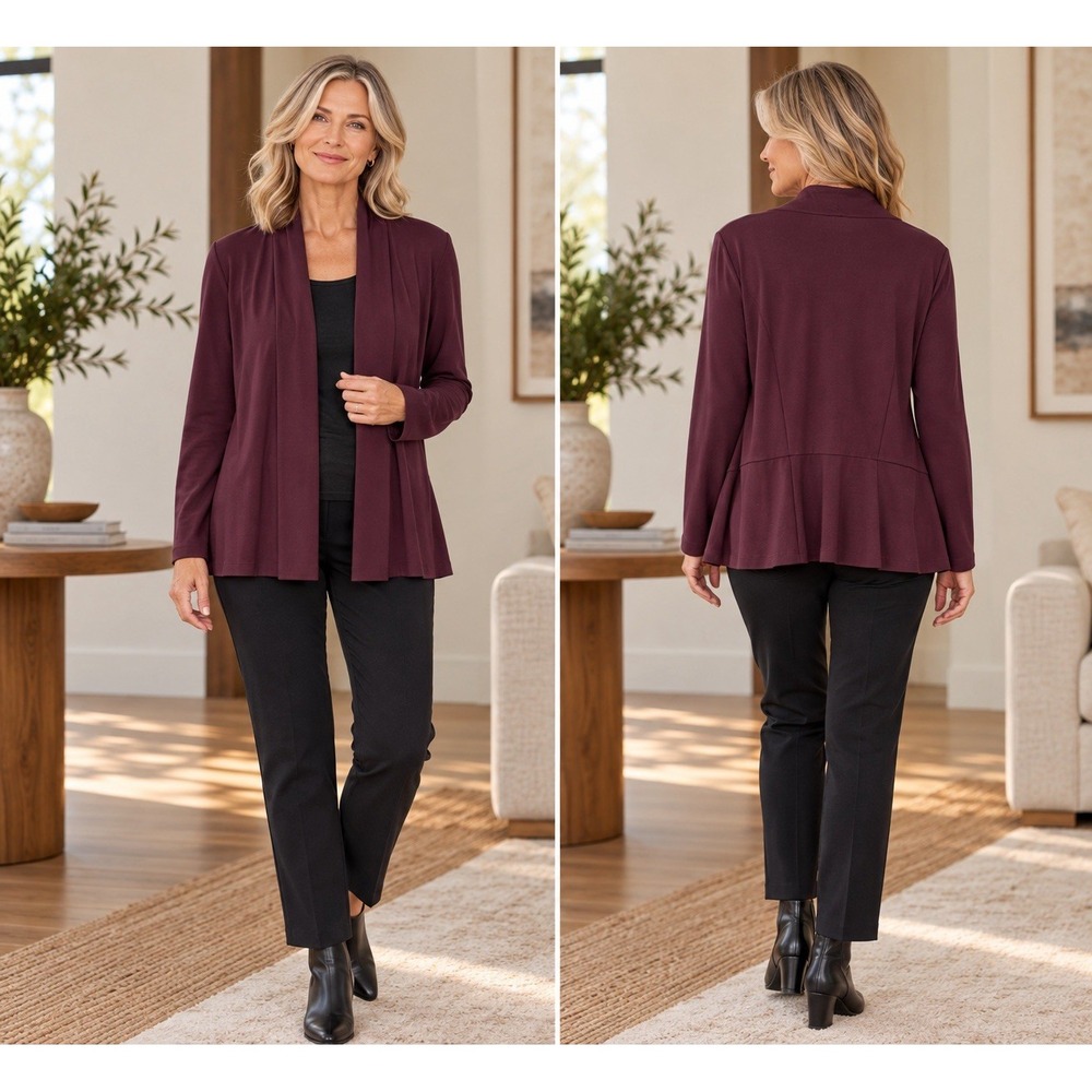 Eileen Fisher Open Front Cardigan Jacket in Eggplant Viscose Blend M